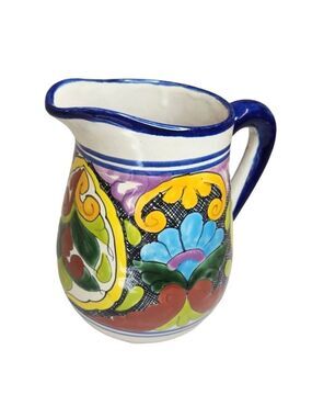 Hand-Painted Mexican Talavera Pottery Pitcher - Colorful Floral Design Singed Pi